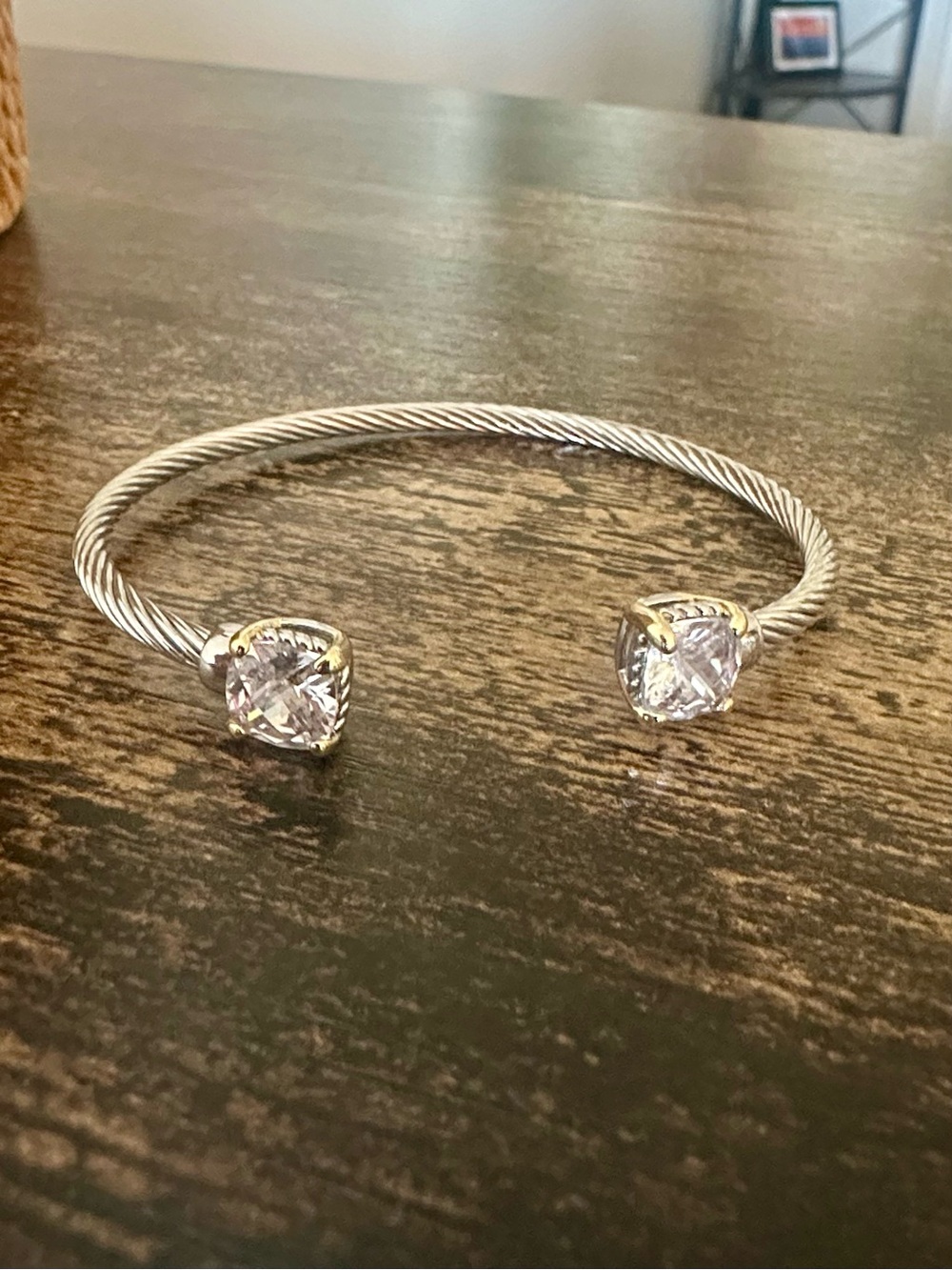 Open Twisted Two-Tone Cable Cuff Bracelet with Clear Crystal Ends